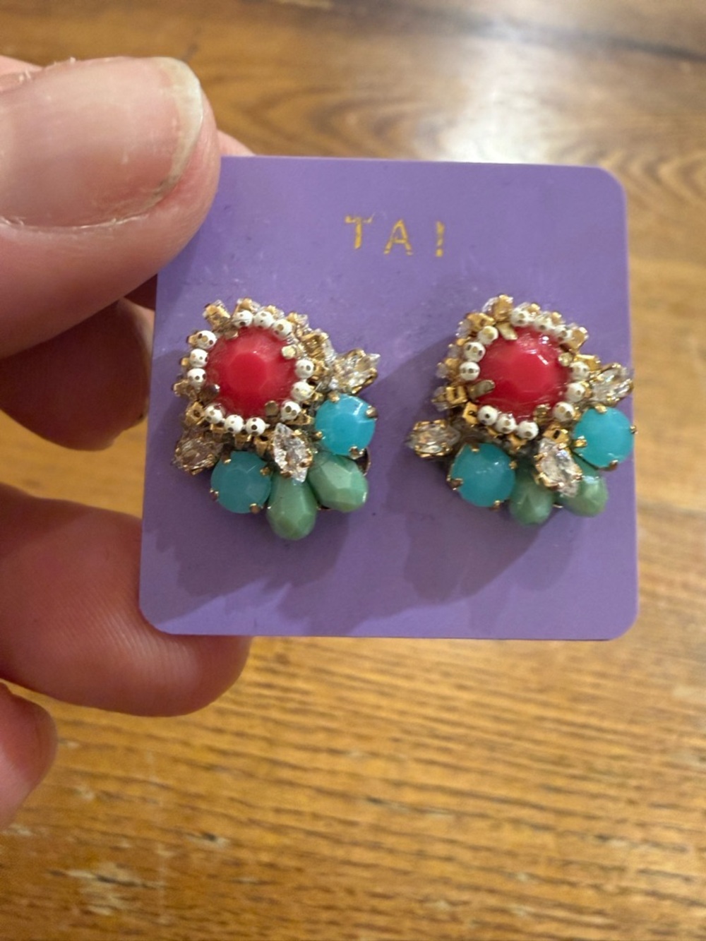 Gold-Tone Floral Cluster Earrings with Coral and Mint Accents - Picture 2 of 6